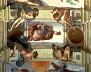 Techo de la Capilla Sixtina: Dios separando la tierra del mar, con cuatro Ignudi, 1510 (post restauración)